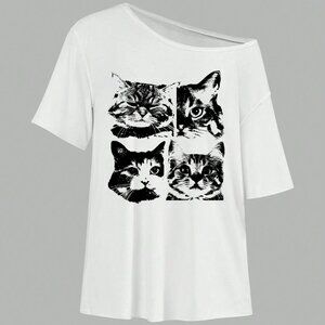 Adorable Cat - print Off - the - Shoulder T - shirt: Encountering Fashion and Cu